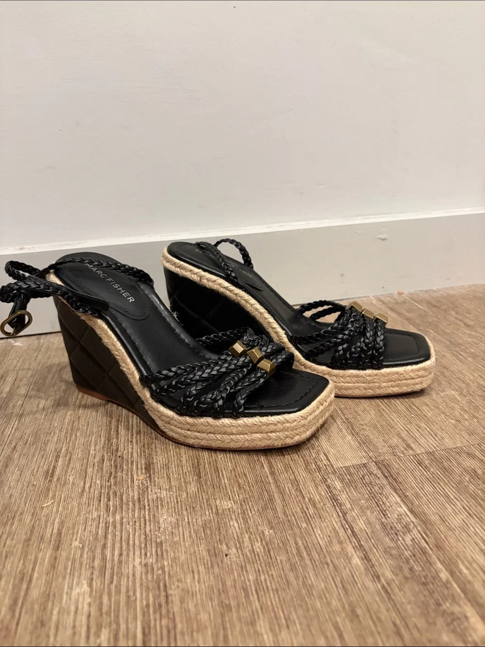 Marc Fisher Black Braided Espadrille Wedge Sandals with Gold Accents